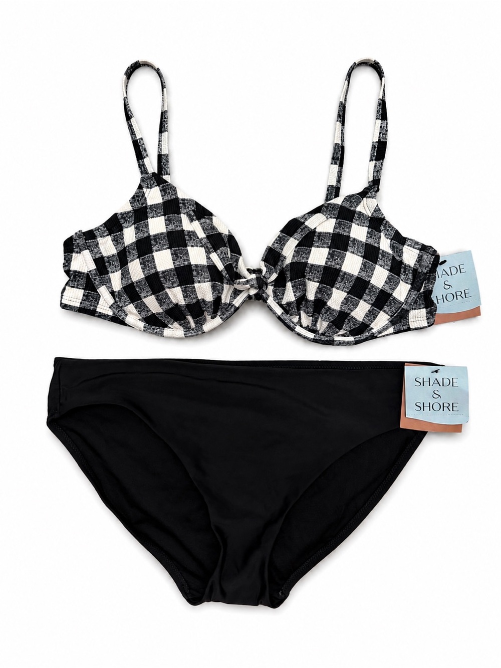 Shade & Shore Gingham Bikini Set 38D/L Black White Underwire Swim NWT